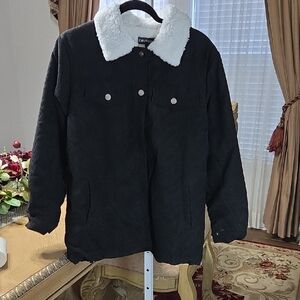 Black Corduroy Jacket with White Sherpa Collar